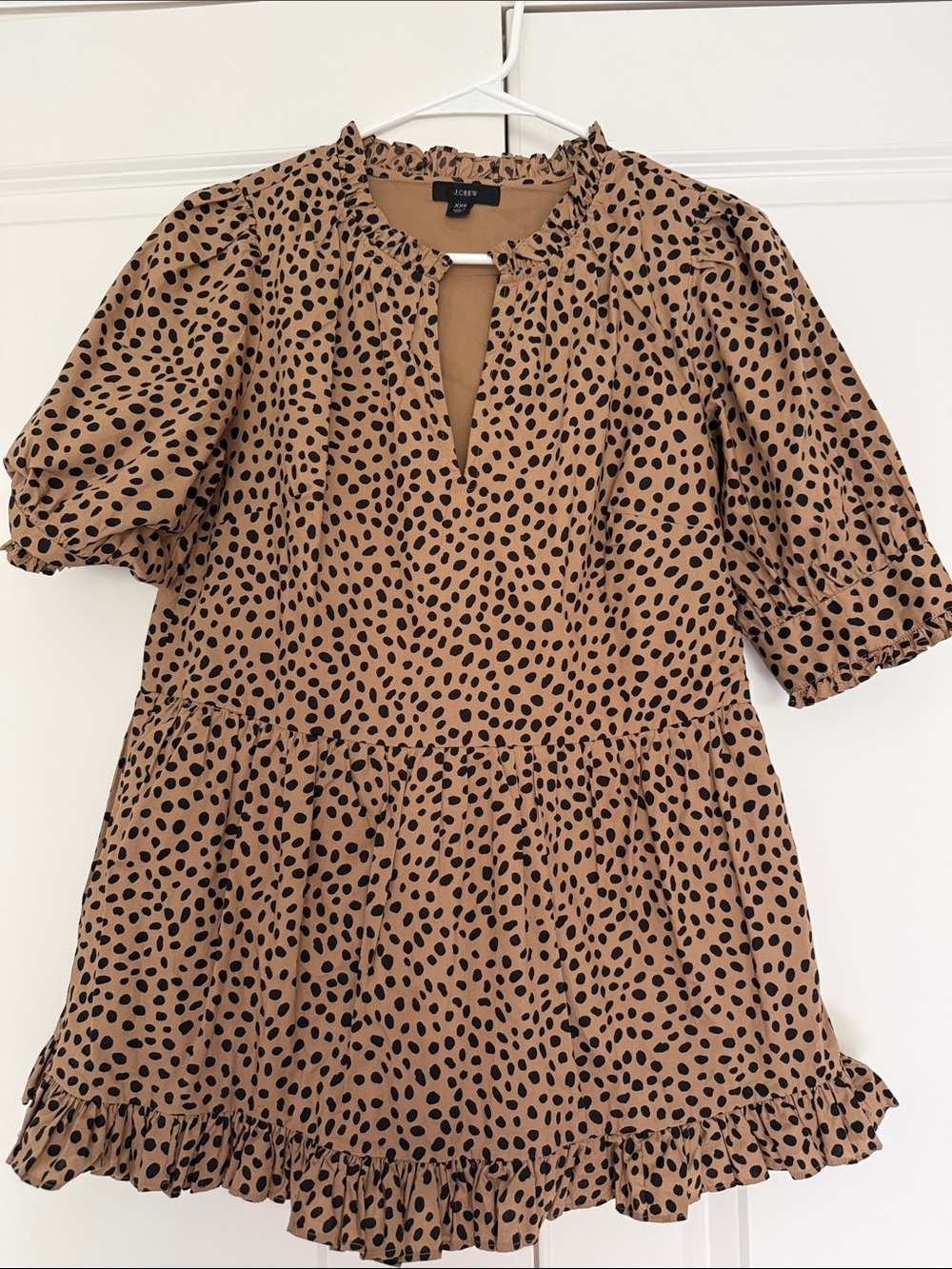 NWOT J. Crew Tan Babydoll Tunic with Black Spot Print and Ruffle Hem